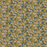 Fabric swatch of a dark blue velvet upholstery fabric with ochre leaves and pretty flowers.