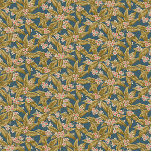 Fabric swatch of a dark blue velvet upholstery fabric with ochre leaves and pretty flowers.