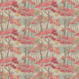 Printed velvet fabric swatch of a pink Japanese tree design.