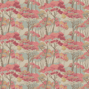 Printed velvet fabric swatch of a pink Japanese tree design.