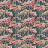 Printed velvet fabric swatch of a pink Japanese tree design.