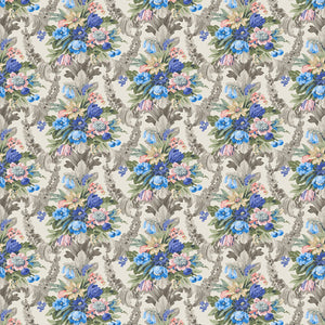 Fabric swatch of a light neutral velvet fabric for curtains and upholstery with a stain resistant finish and colourful floral bouquet