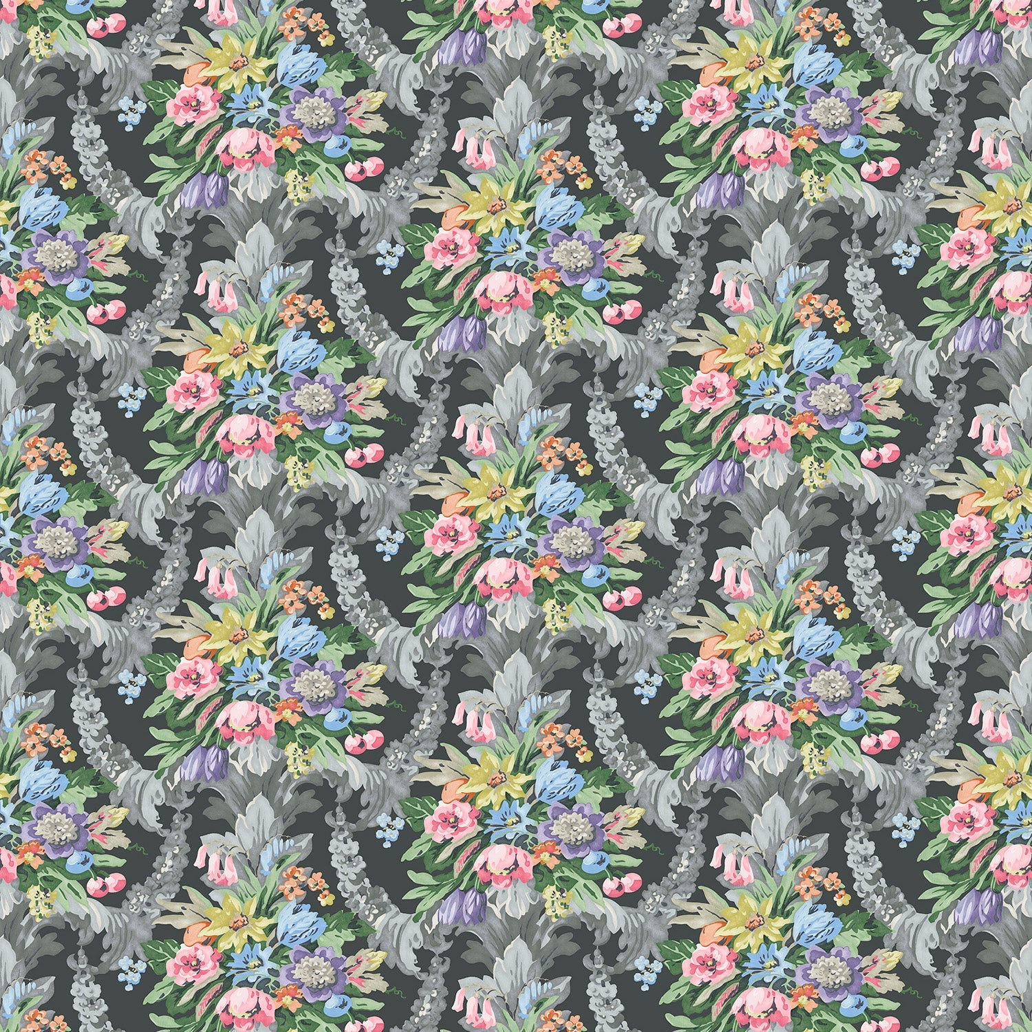 Fabric swatch of a dark grey velvet fabric for curtains and upholstery with a stain resistant finish and colourful floral bouquet