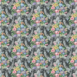 Fabric swatch of a dark grey velvet fabric for curtains and upholstery with a stain resistant finish and colourful floral bouquet