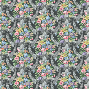 Fabric swatch of a dark grey velvet fabric for curtains and upholstery with a stain resistant finish and colourful floral bouquet