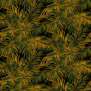 Fabric swatch of a printed velvet upholstery fabric featuring lush, exotic foliage in green and gold.