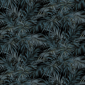 Fabric swatch of a printed velvet upholstery fabric featuring lush, exotic foliage in grey and blue.