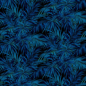 Fabric swatch of a printed velvet upholstery fabric featuring lush, exotic foliage in electric blue.