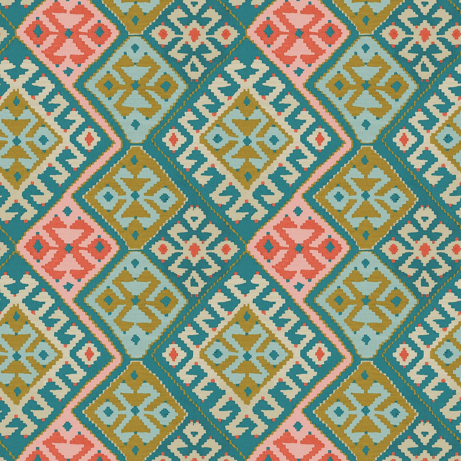 Fabric swatch of a printed velvet fabric featuring a kilim design in teal and peach.