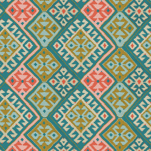 Fabric swatch of a printed velvet fabric featuring a kilim design in teal and peach.