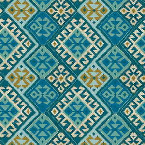 Fabric swatch of a printed velvet fabric featuring a kilim design in blue.