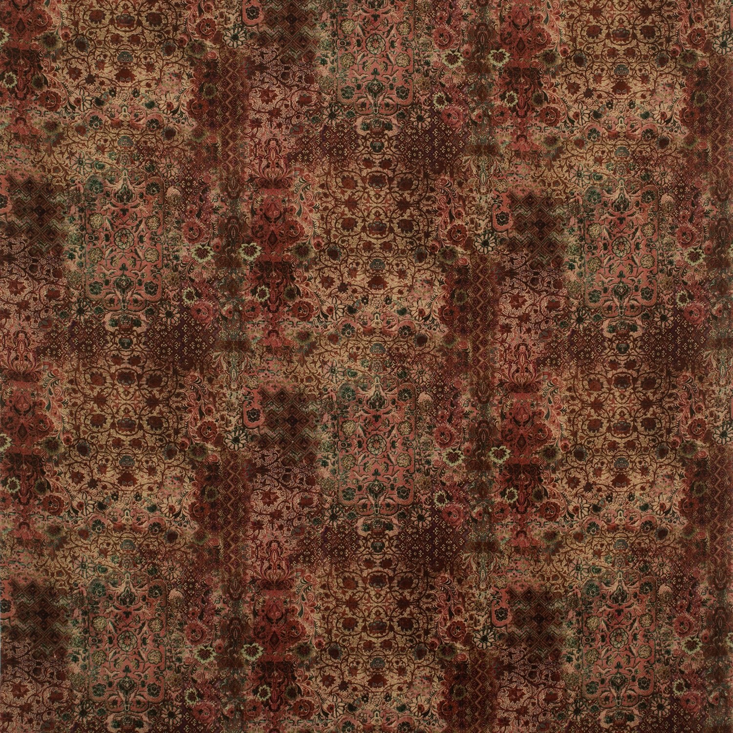 Fabric swatch of a patterned velvet fabric with an antique carpet feel.
