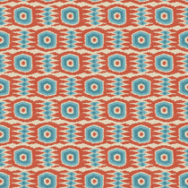 Fabric swatch of an abstract blue and orange stain resistant velvet upholstery fabric.