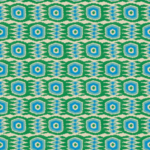 Fabric swatch of a printed velvet fabric featuring a fun, jazzy pattern in Seagreen. 