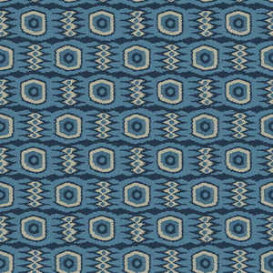 Fabric swatch of a printed velvet fabric featuring a fun, jazzy pattern in navy.