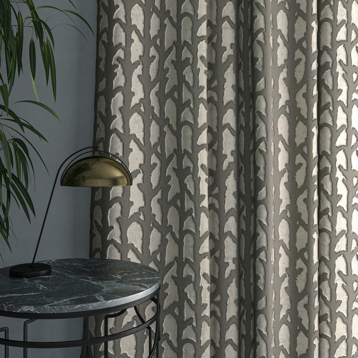 Curtain in luxury dark neutral velvet fabric with abstract branch design 