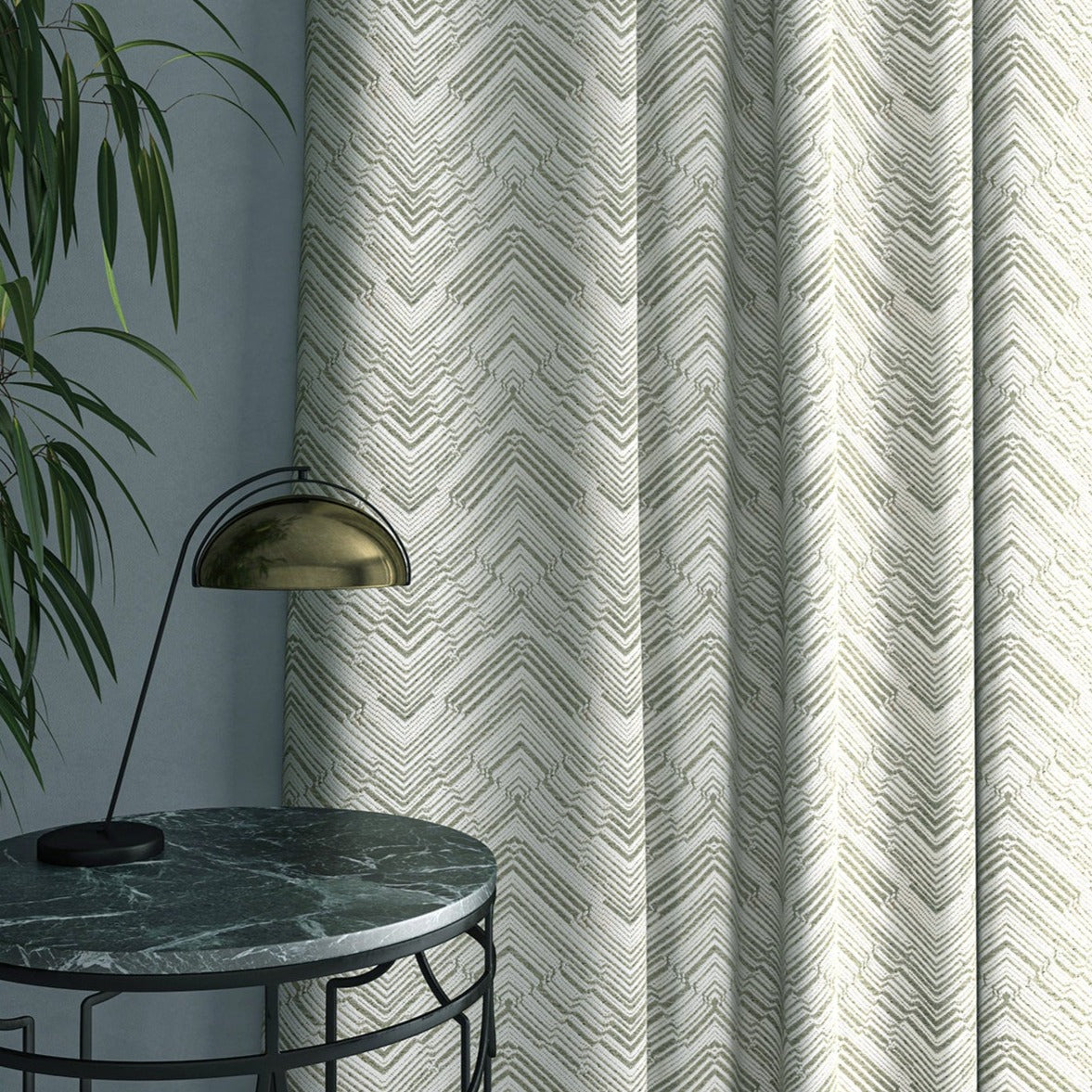 Curtain in a stain resistant neutral herringbone weave fabric