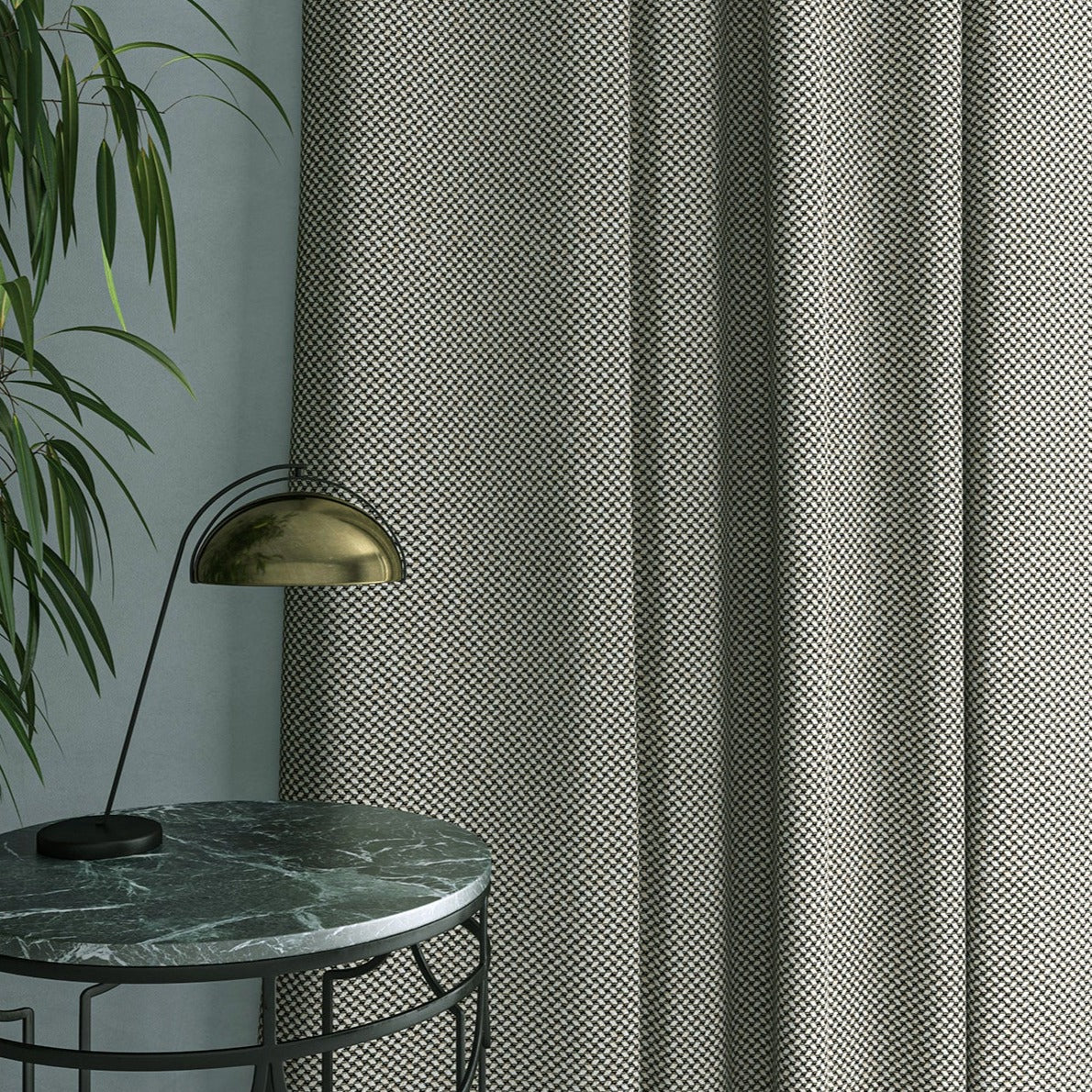 Curtain in beautiful dark grey stain resistant geometric weave fabric 