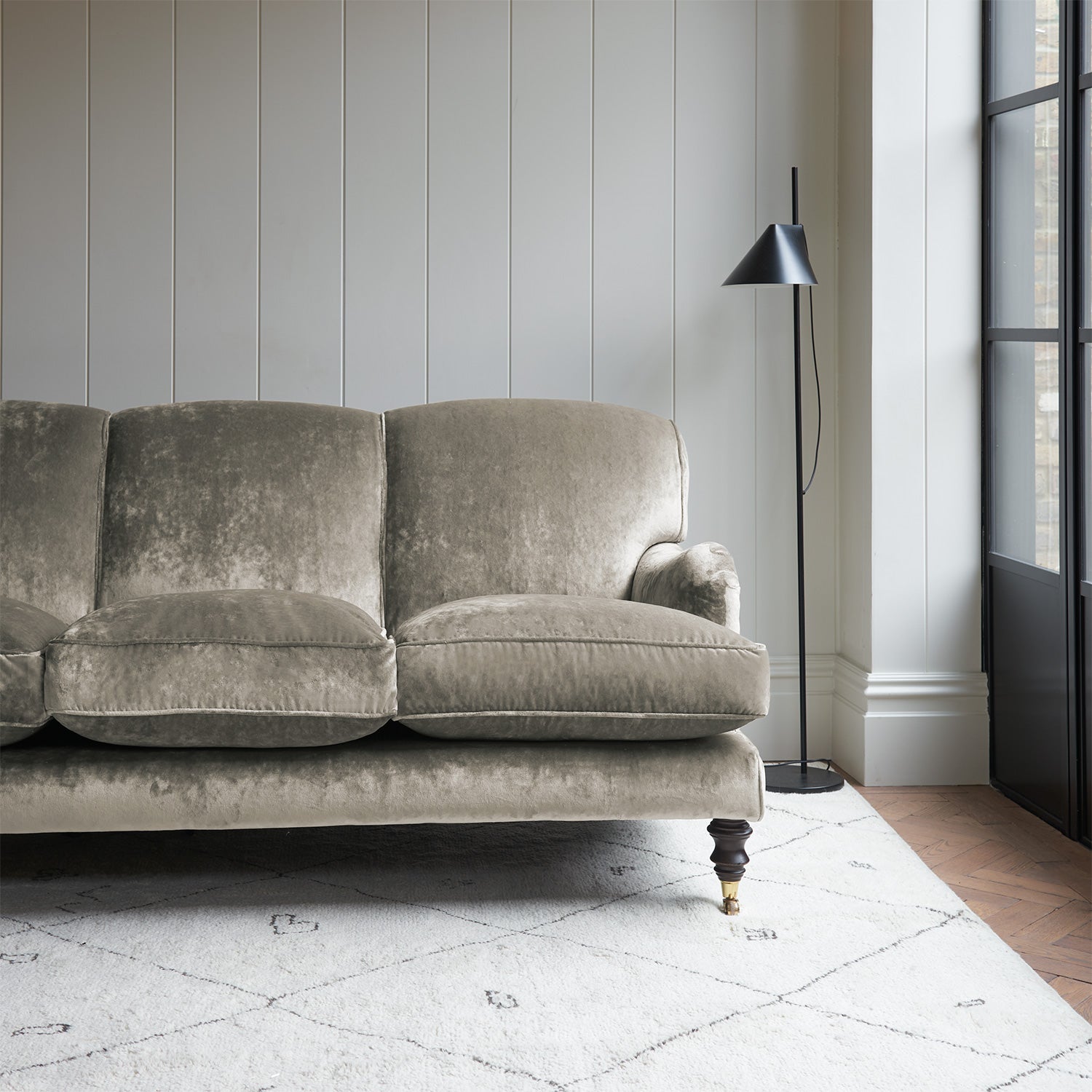 Velvet sofa in a grey crushed velvet upholstery fabric