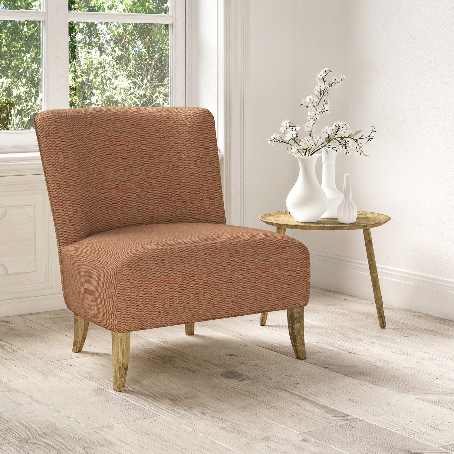 Chair upholstered in a stain resistant red fabric with broken stripe design