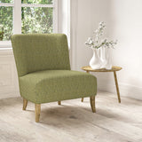 Chair upholstered in a stain resistant green fabric with broken stripe design