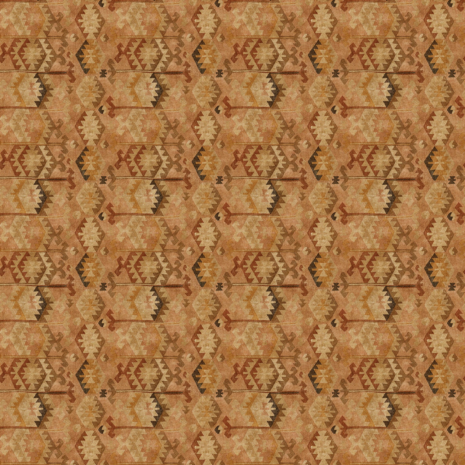Brown velvet fabric with a vintage kilim inspired design and stain resistant finish