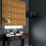 Velvet blind in a brown velvet fabric with a brown kilim design