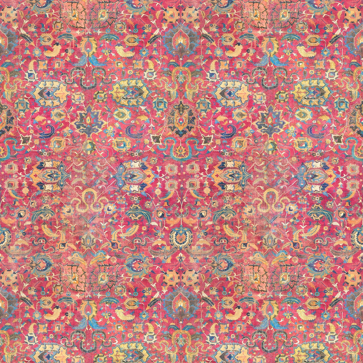 Pink and multicoloured velvet fabric with carpet design and stain resistant finish