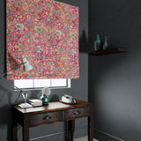 Velvet blind in a pink and multicoloured velvet fabric with carpet design
