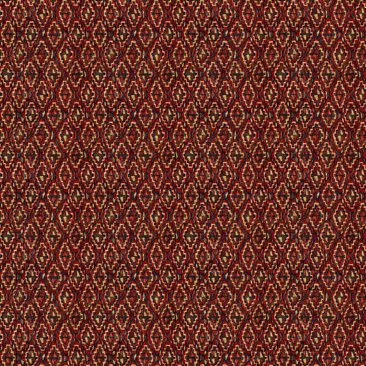 Velvet fabric in a dark red colour with a vintage kilim design and stain resistant finish