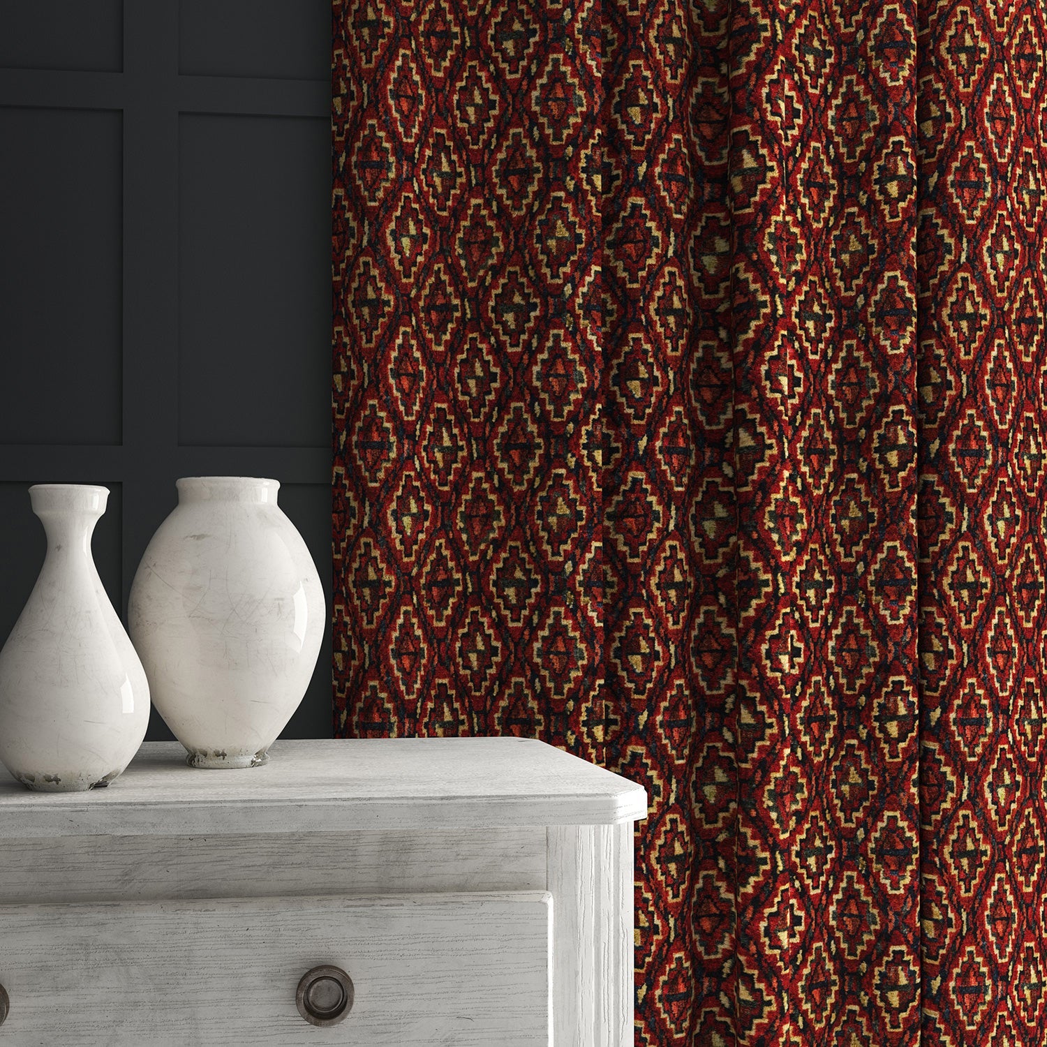 Velvet curtain in a stain resistant velvet fabric with a dark red kilim design