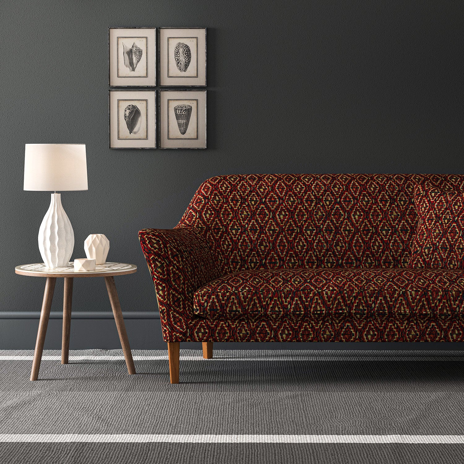 Velvet sofa upholstered in a stain resistant velvet fabric with a dark red kilim design