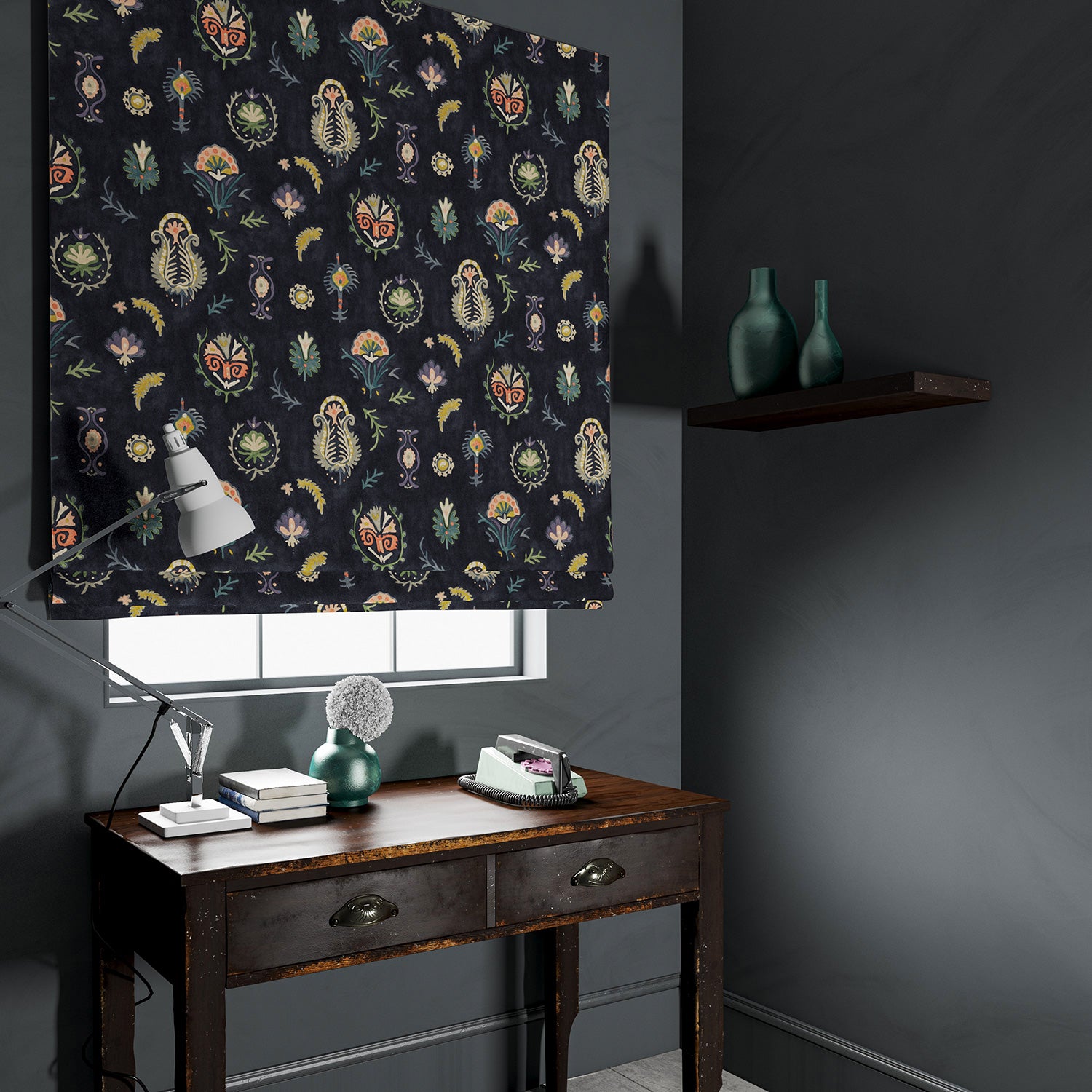 Velvet blind in a dark, luxurious stain resistant velvet with whimsical design