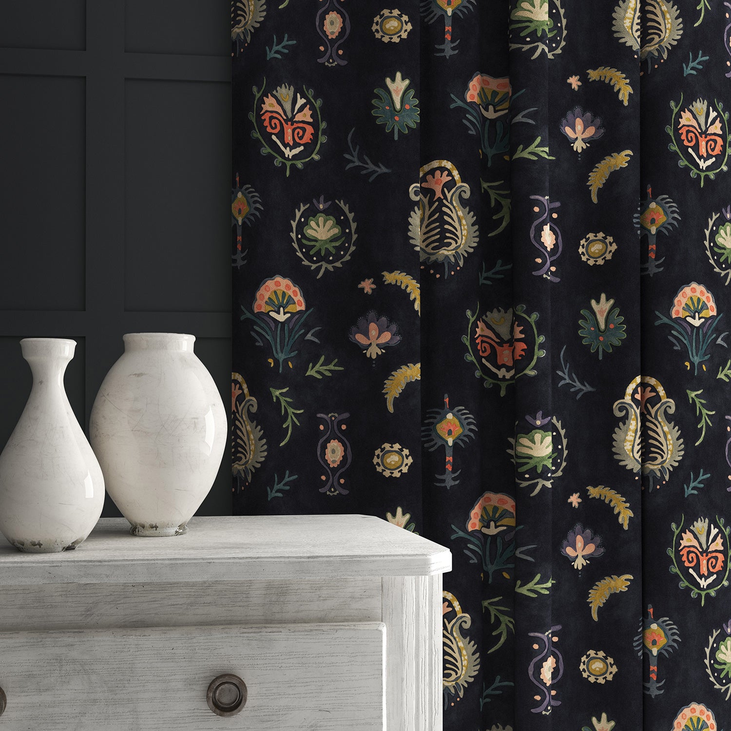 Velvet curtain in a dark, luxurious stain resistant velvet with whimsical design
