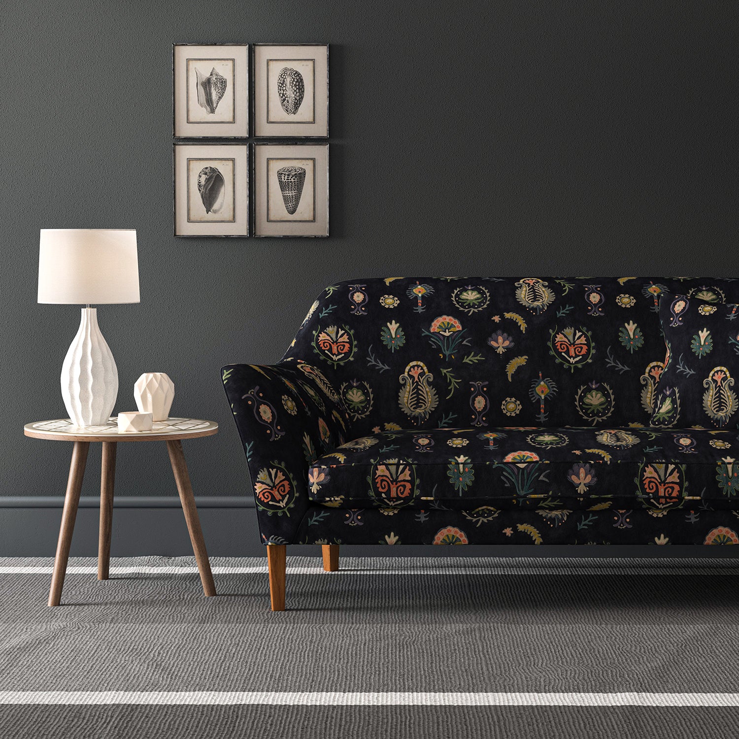 Velvet sofa upholstered in a dark, luxurious stain resistant velvet with whimsical design
