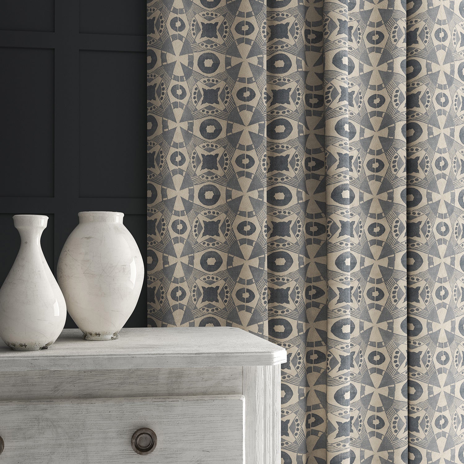 Velvet curtain in a grey velvet fabric with a colour block design