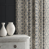 Velvet curtain in a grey velvet fabric with a colour block design