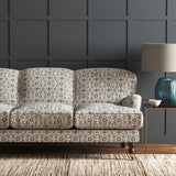 Velvet sofa in a grey velvet fabric with colour block design and stain resistant finish