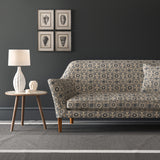 Velvet sofa in a grey velvet fabric with colour block design and stain resistant finish