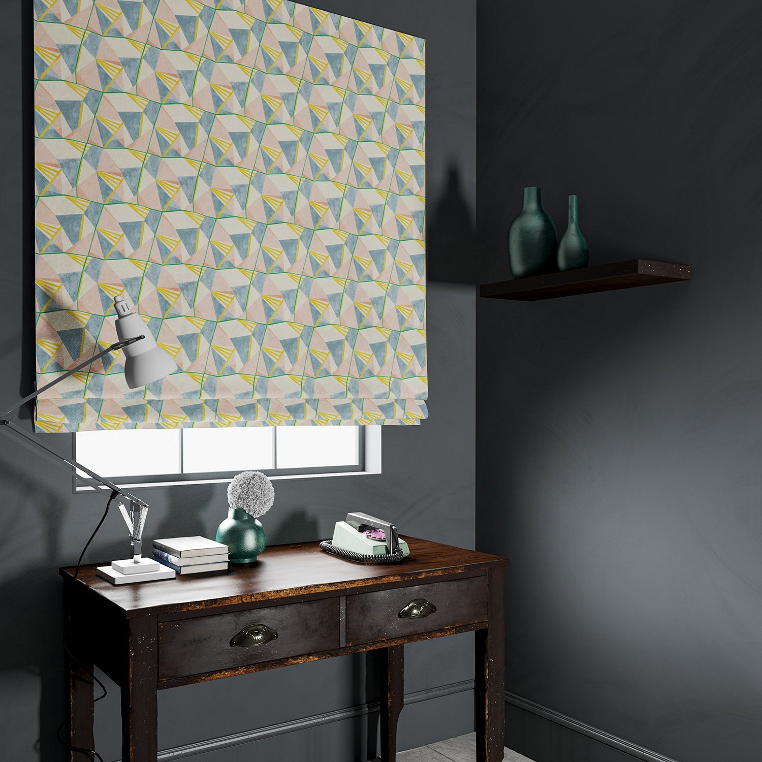 Velvet blind in a pastel coloured velvet fabric with modern geometric design