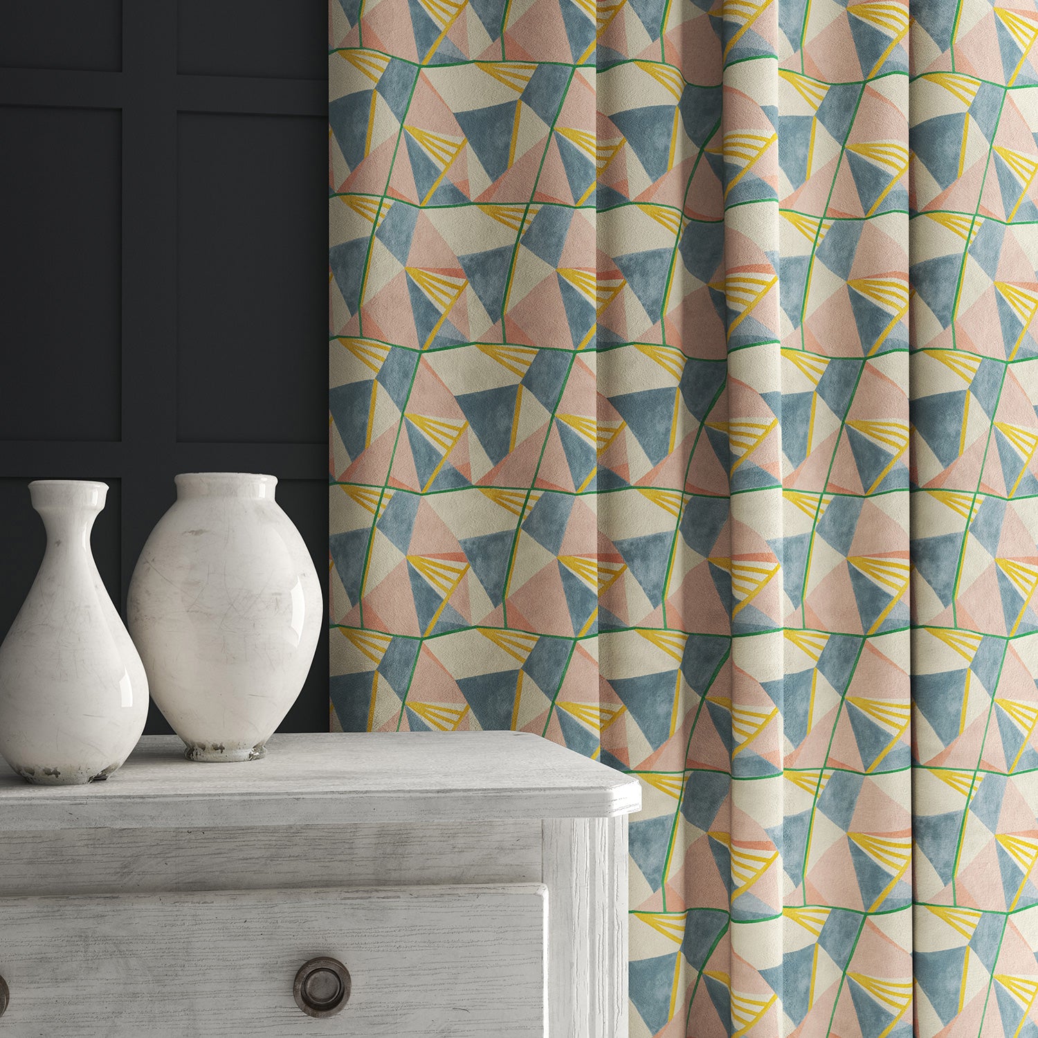 Velvet curtain in a pastel coloured velvet fabric with modern geometric design