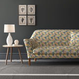 Velvet sofa upholstered in a pastel coloured velvet fabric with geometric design and stain resistant finish