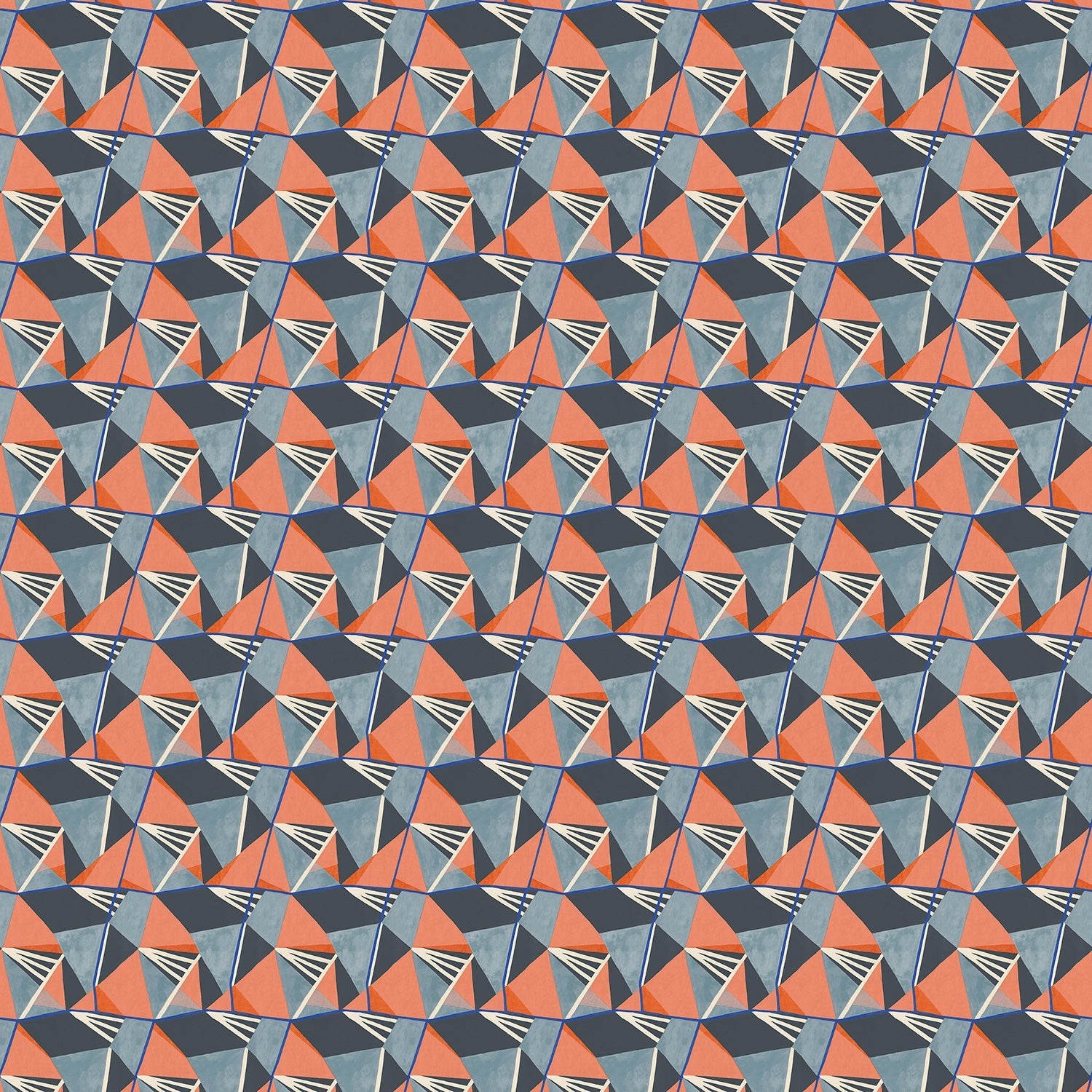 Blue and orange velvet fabric with a modern geometric design and a stain resistant finish