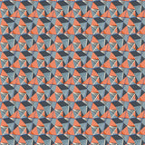 Blue and orange velvet fabric with a modern geometric design and a stain resistant finish