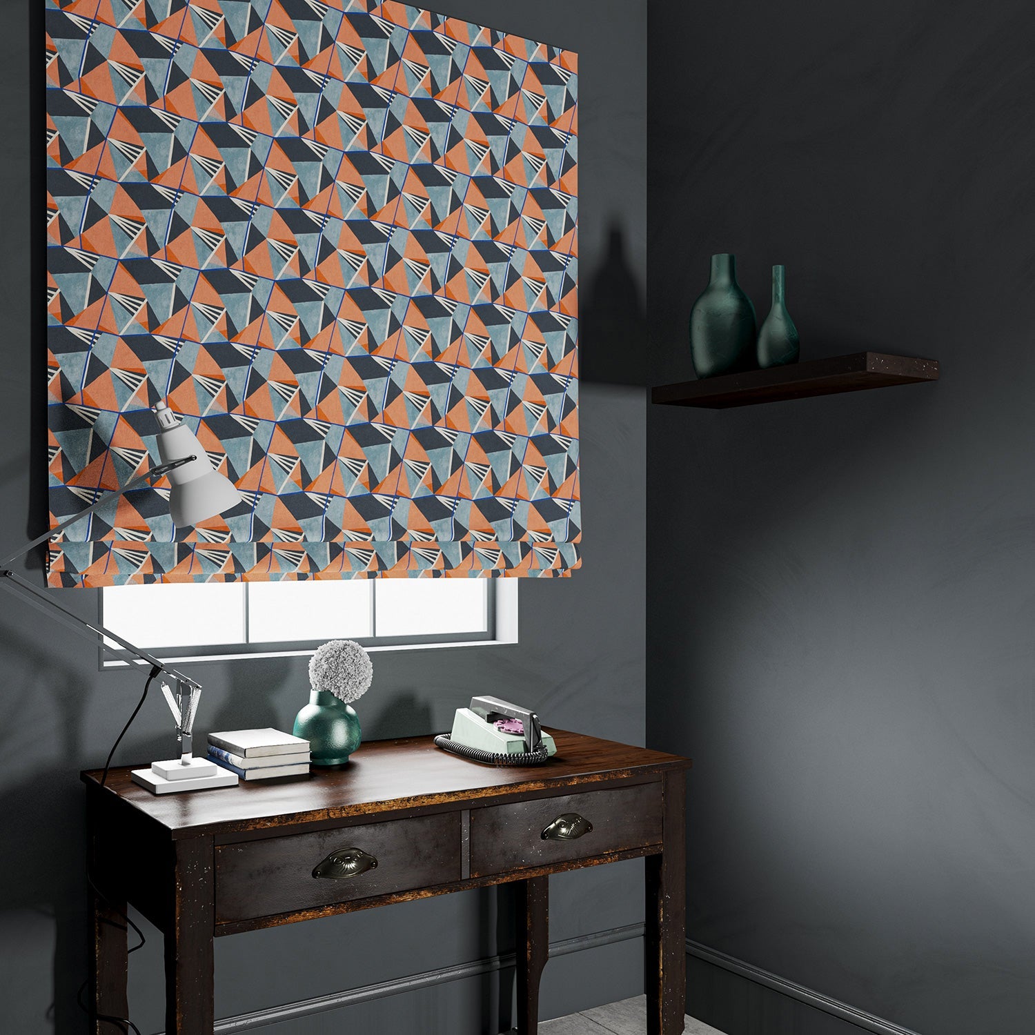Velvet blind in a blue and orange velvet fabric with modern geometric design