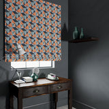 Velvet blind in a blue and orange velvet fabric with modern geometric design