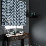 Velvet blind in a blue velvet fabric with modern geometric design