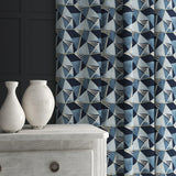 Velvet curtain in a blue velvet fabric with modern geometric design