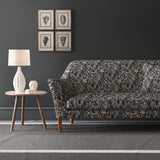 Velvet sofa in a stain resistant velvet fabric with a blue abstract design