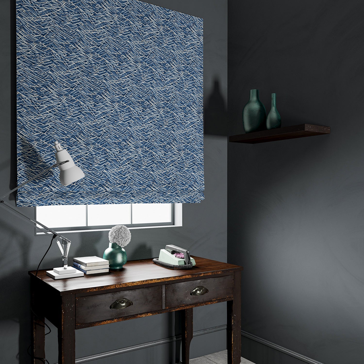 Velvet blind in a luxury blue velvet fabric with abstract design
